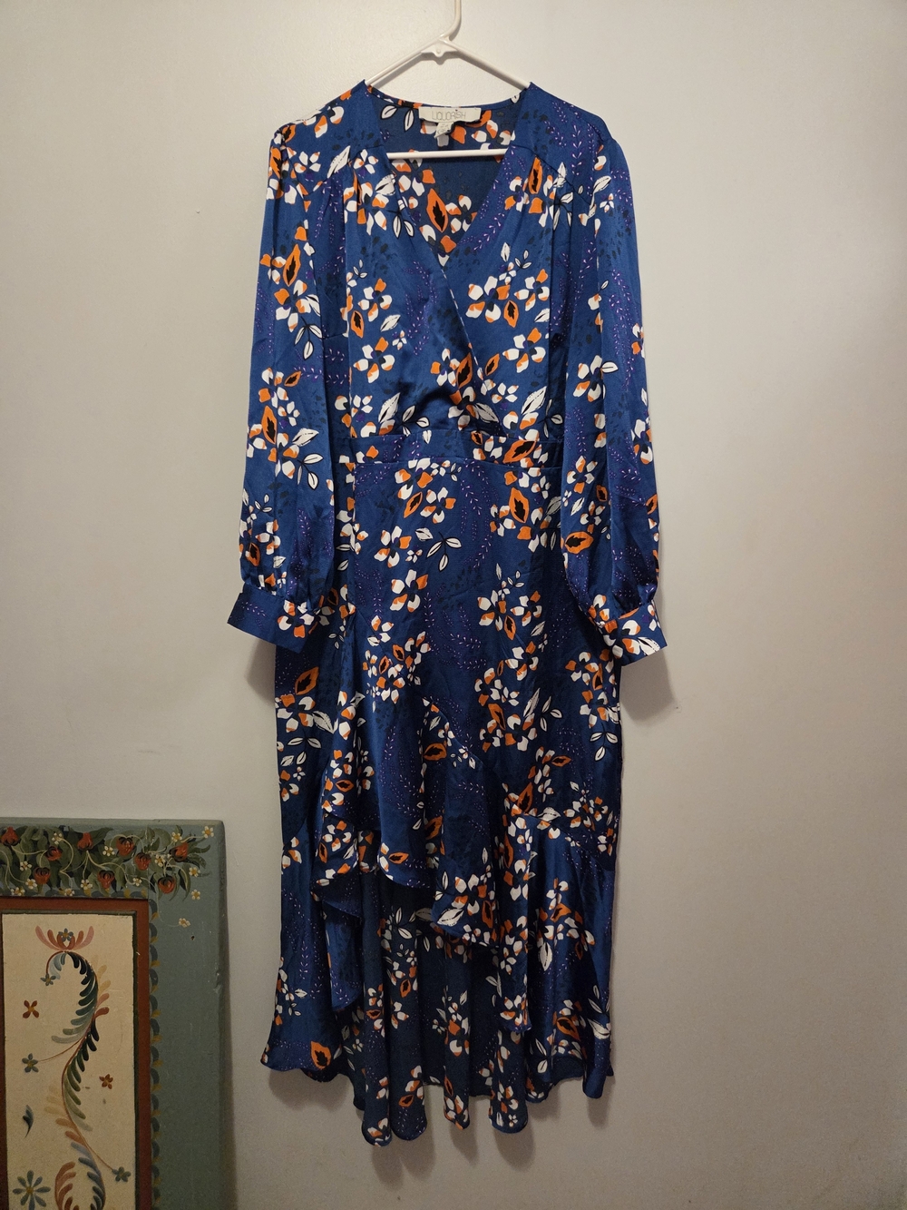 Blue Floral Midi Dress with Orange & White Accents